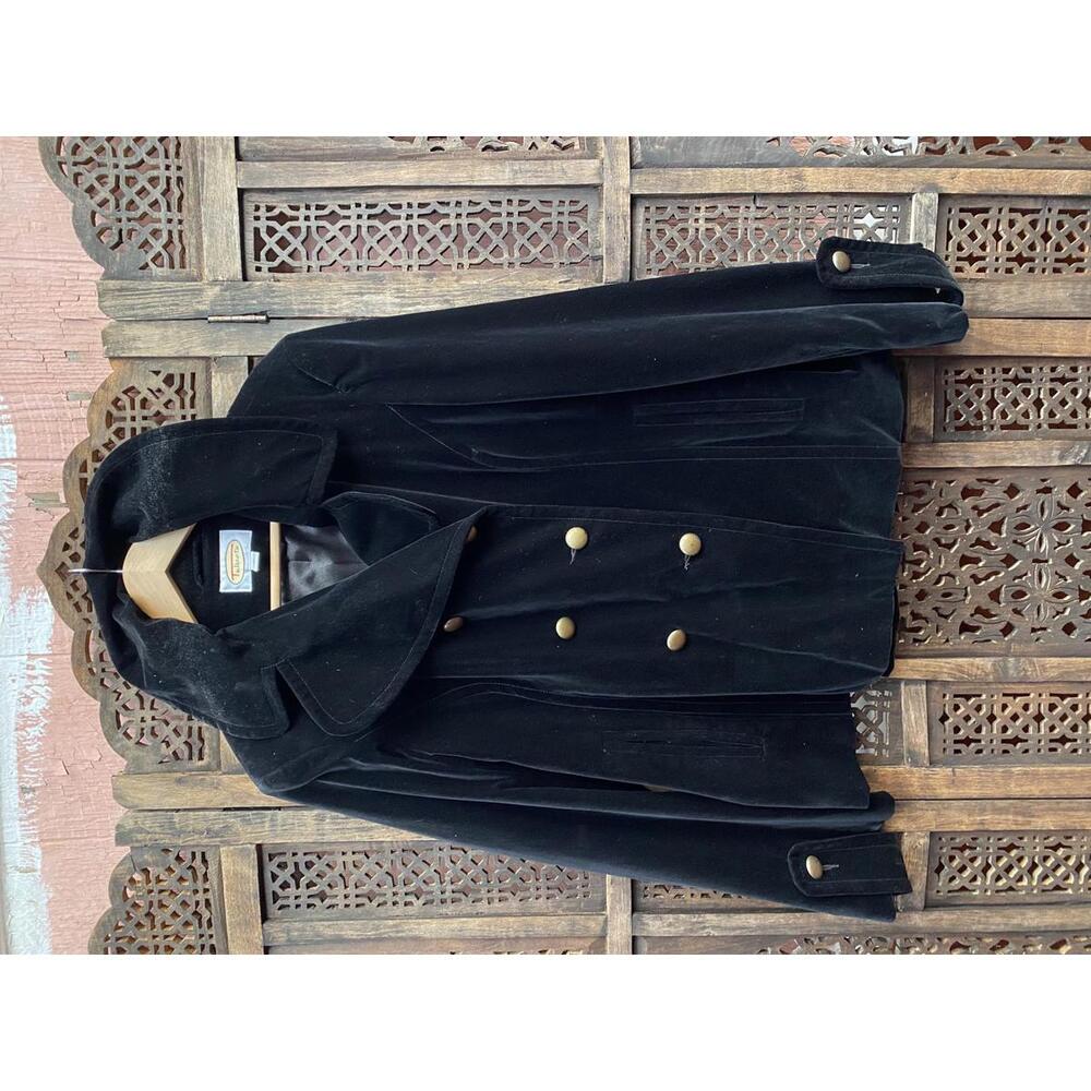 Vintage Talbots Black Velvet Double-Breasted Women's Jacket with Brass Buttons L